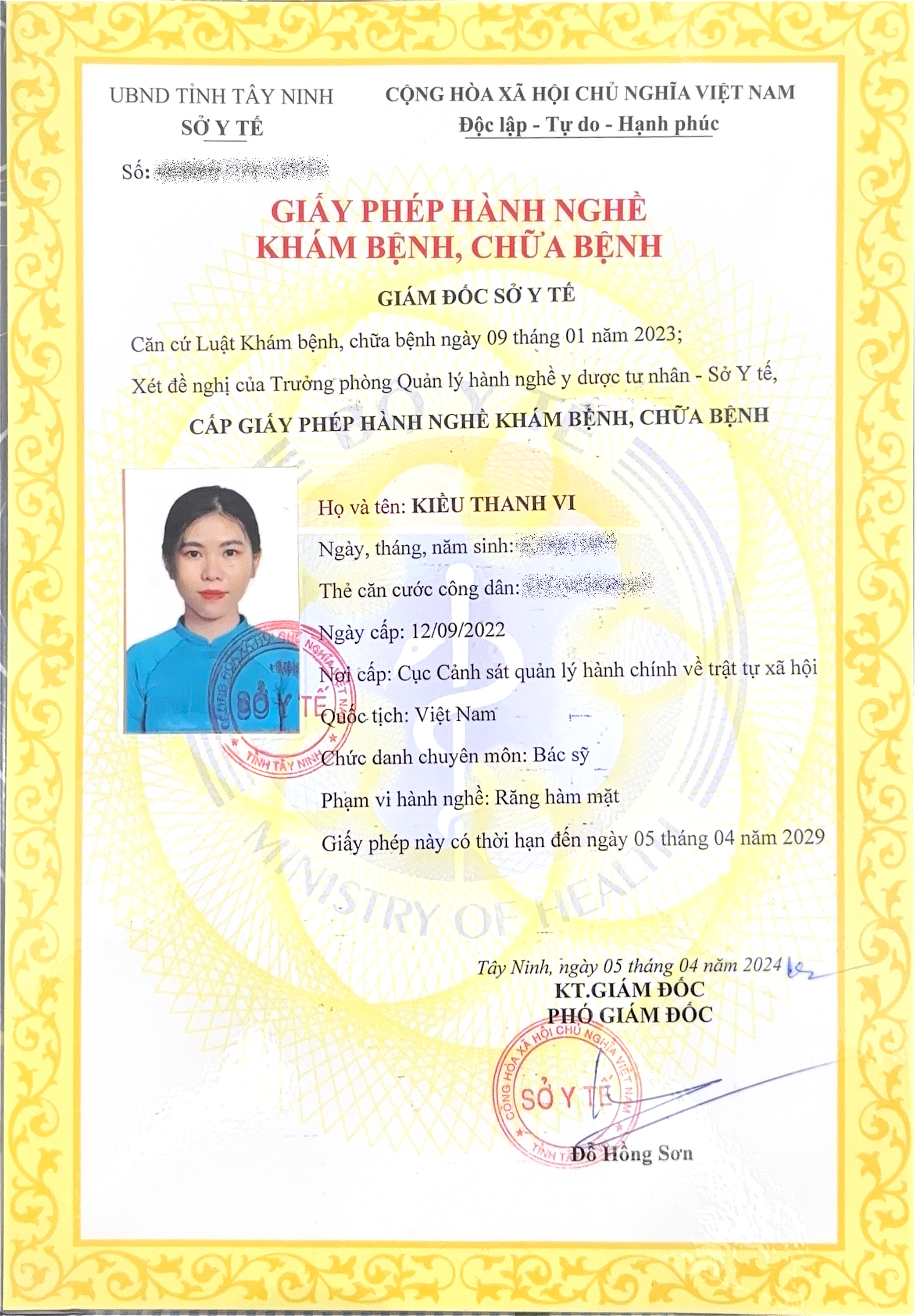 Chứng chỉ của Bác sĩ Kiều Thanh Vi