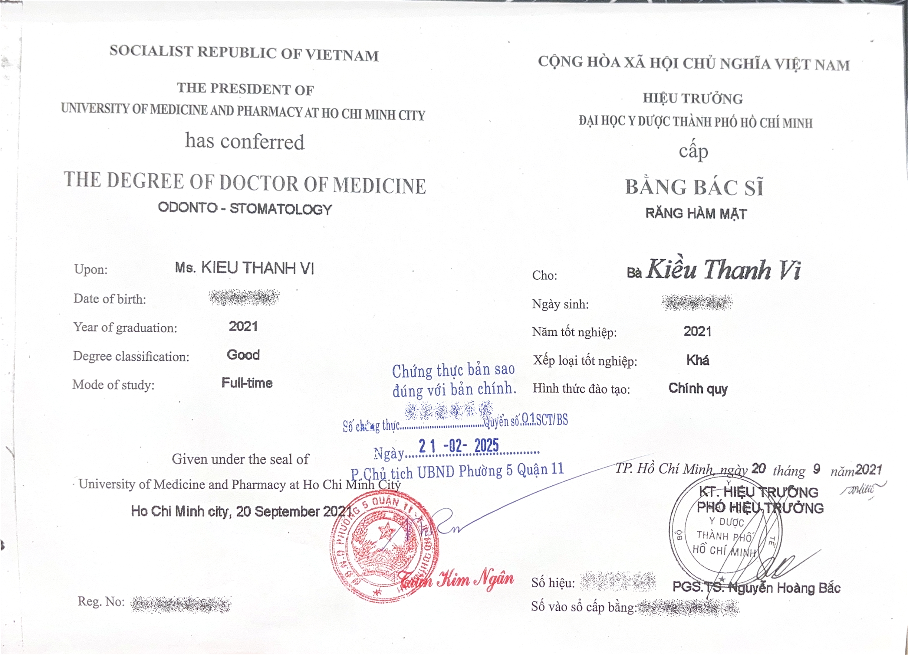 Chứng chỉ của Bác sĩ Kiều Thanh Vi