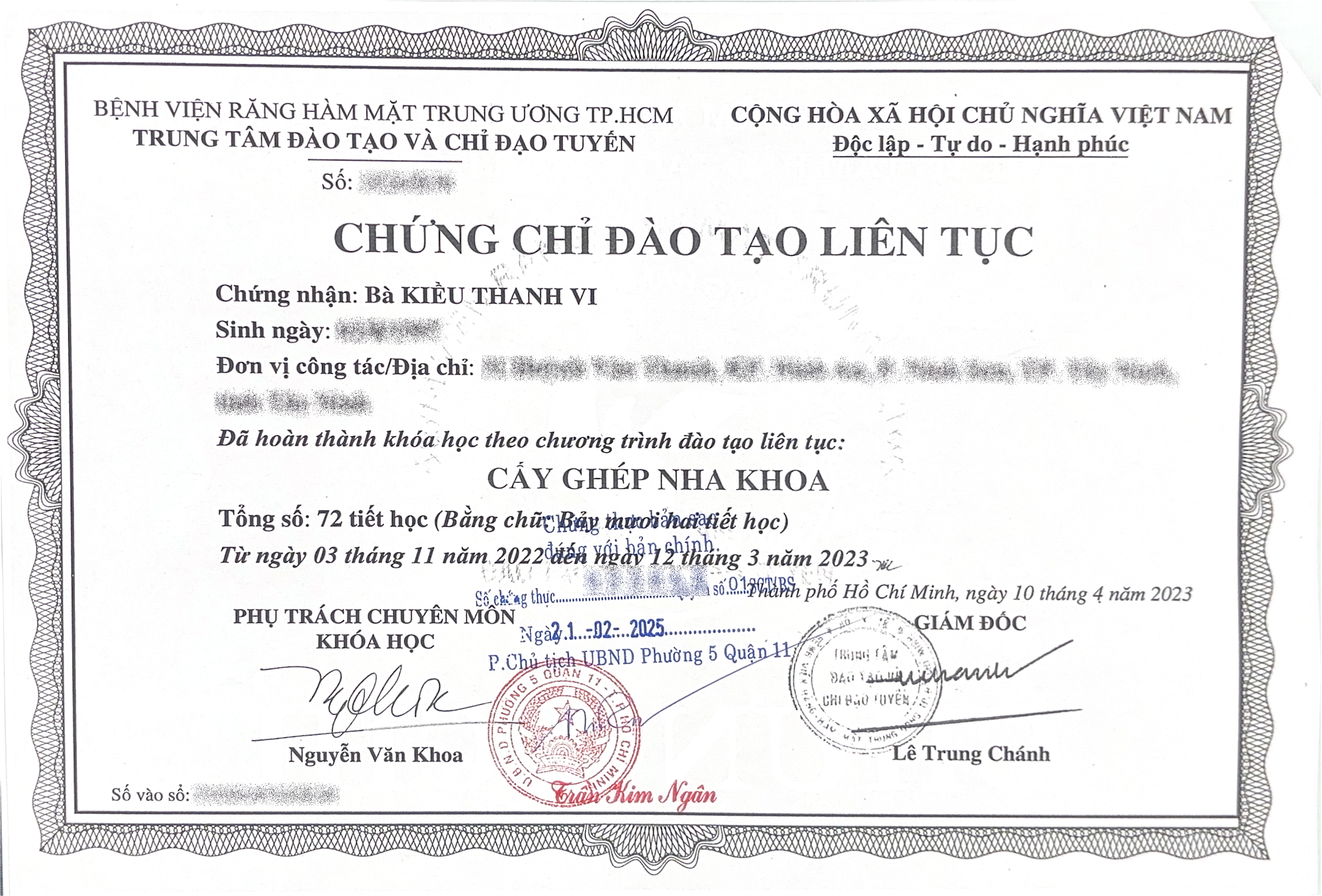 Chứng chỉ của Bác sĩ Kiều Thanh Vi