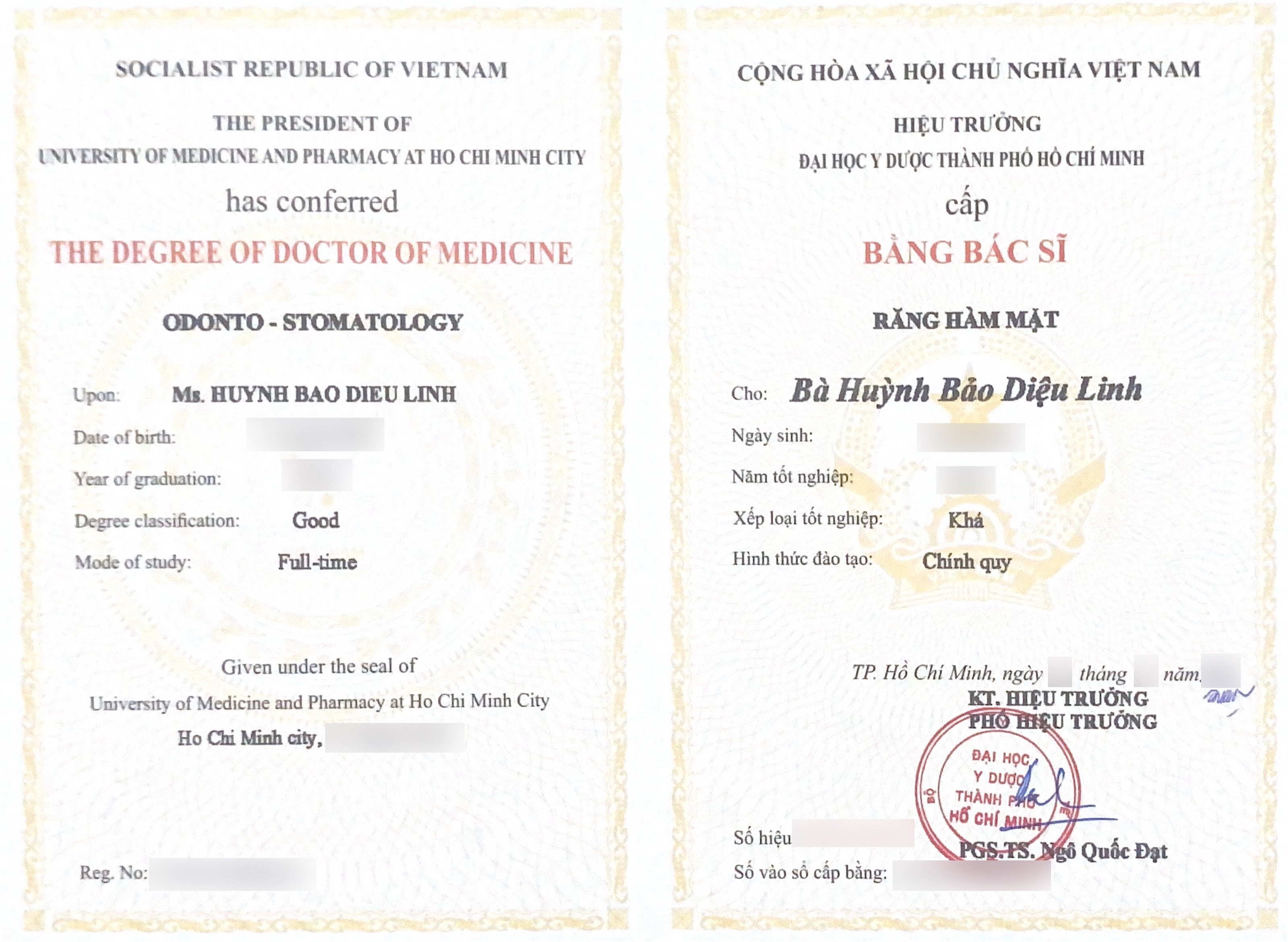 Bằng bác sĩ Răng Hàm Mặt của bác sĩ Huỳnh Bảo Diệu Linh