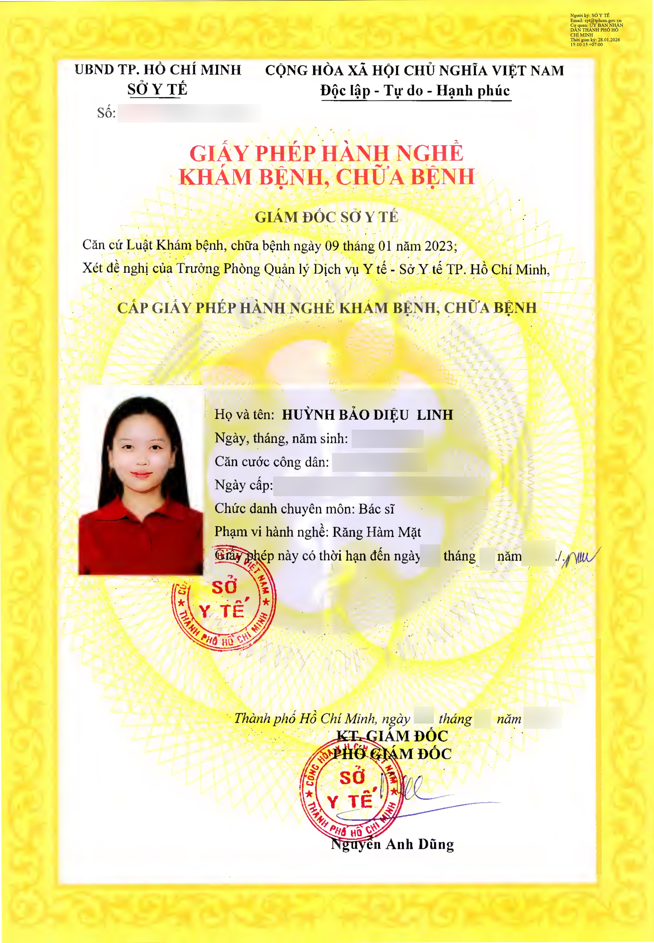 Chứng chỉ hành nghề của bác sĩ Huỳnh Bảo Diệu Linh
