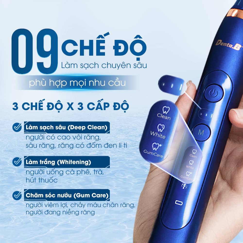 Denta.B có đến 9 chế độ làm sạch vượt trội phù hợp nhiều tình trạng răng