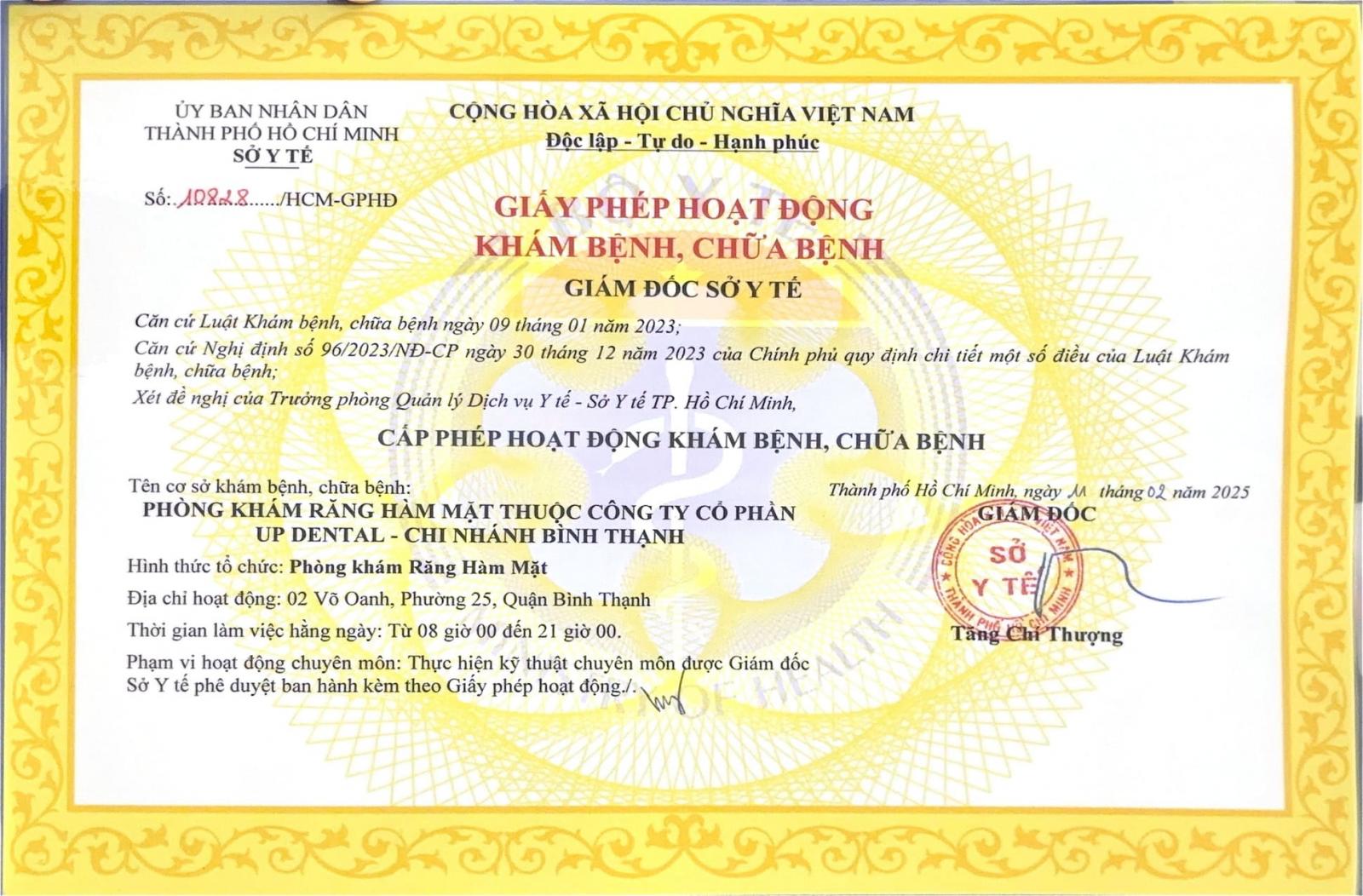 Up Dental được Sở Y tế cấp phép
