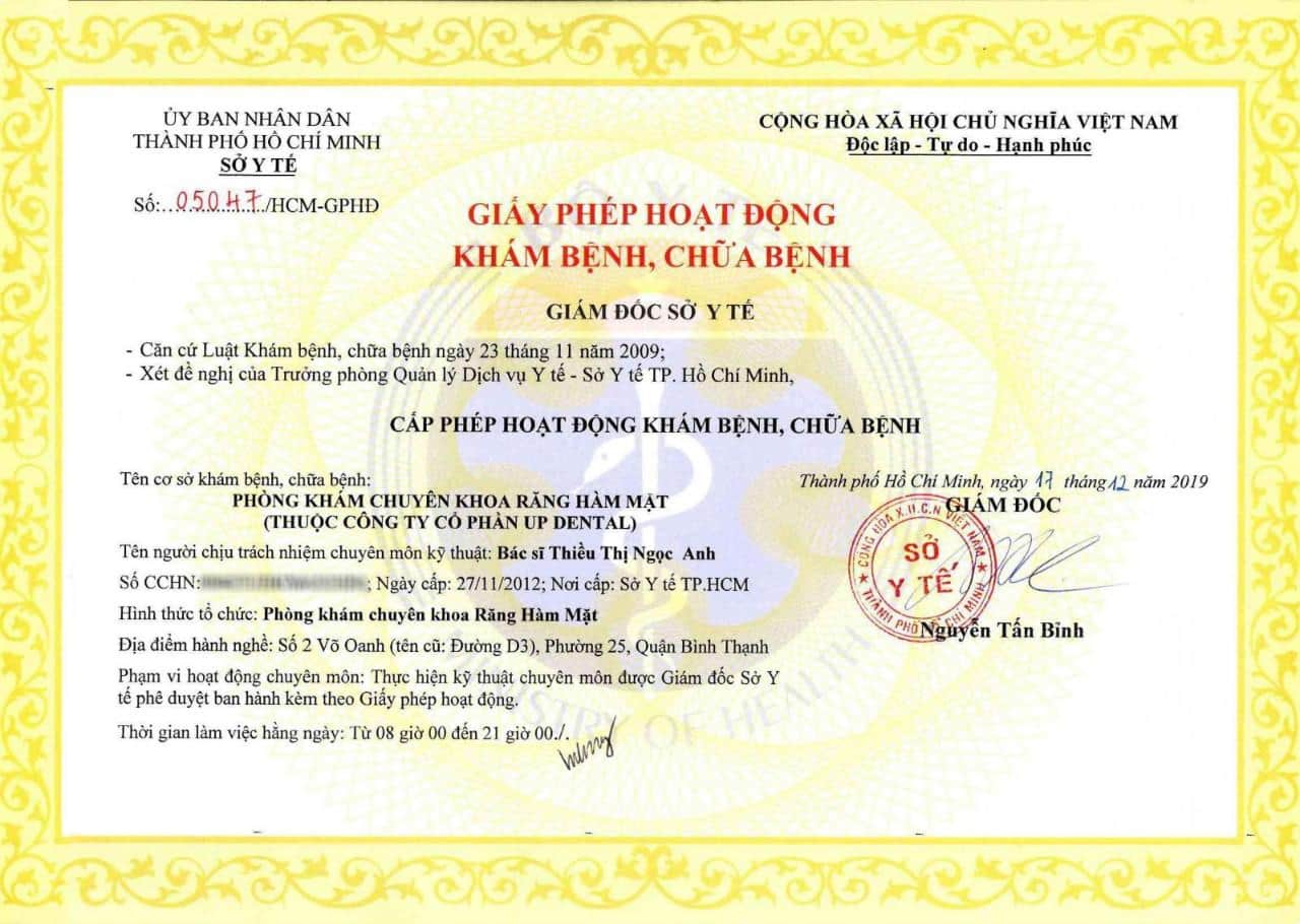 Up Dental được Sở Y Tế cấp phép hoạt động số 10828/HCM-GPHĐ